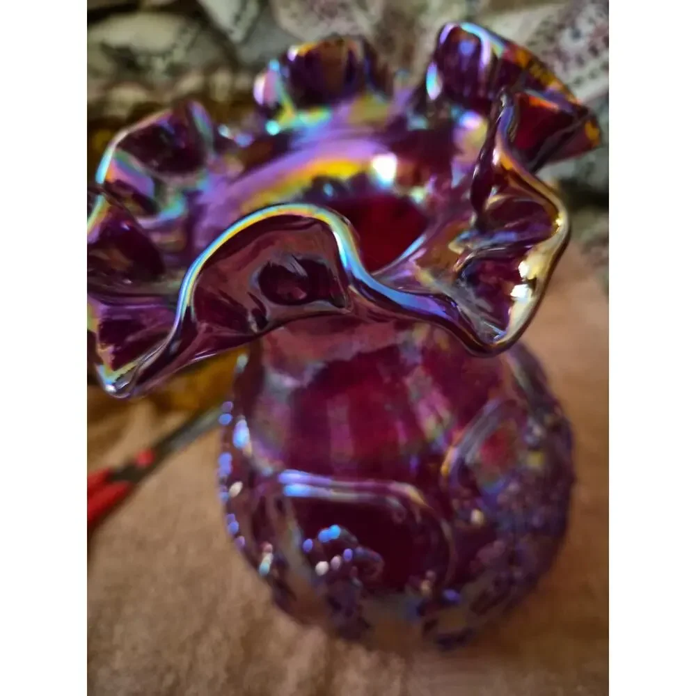 Vintage Fenton Carnivsl Glass Drape And Scroll Ruffled Vase With Embossed Scroll